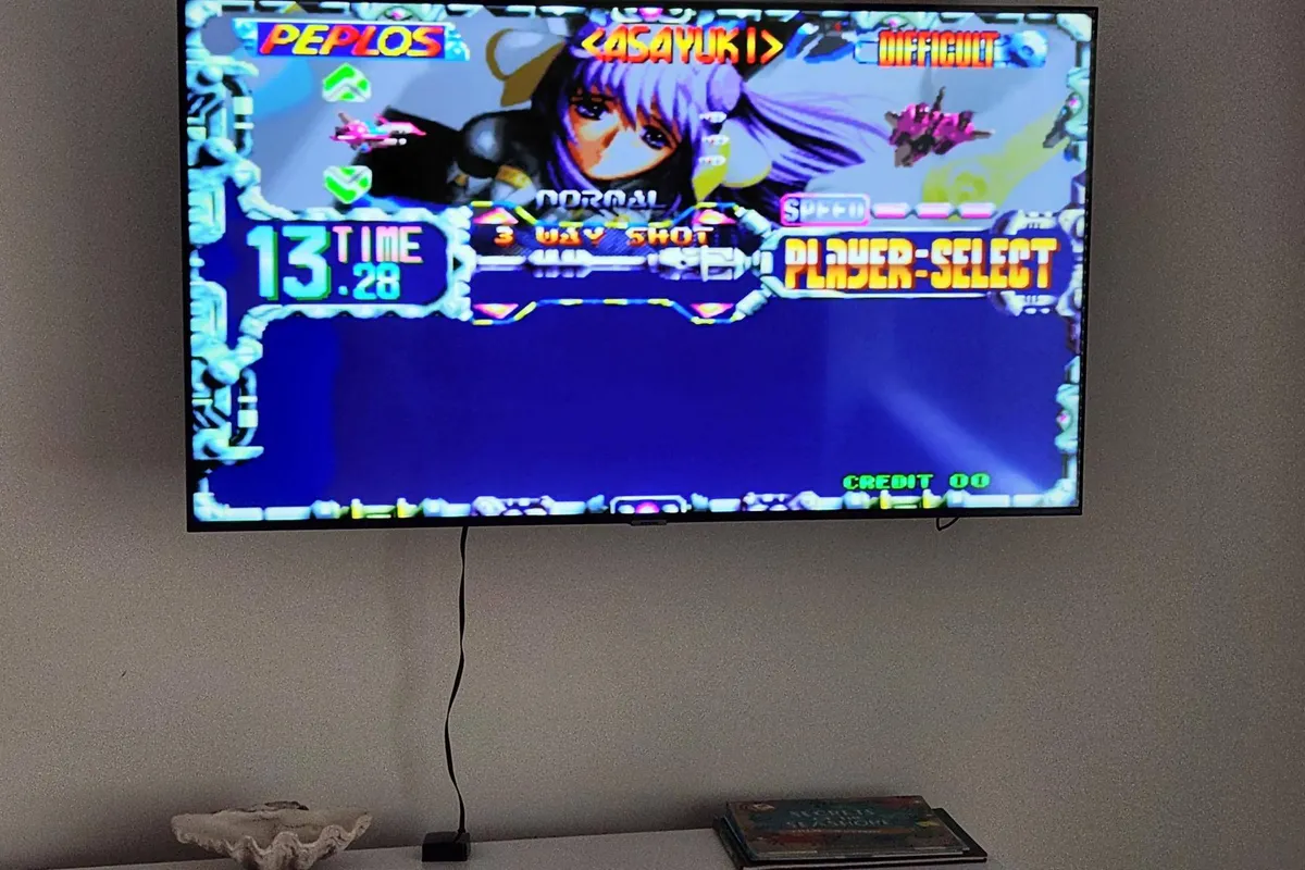 A retro-inspired gaming setup with a TV screen displaying a video game and a classic video game console in the foreground. The setup is energetic and nostalgic, suggesting opportunities for friendly competition and group entertainment.