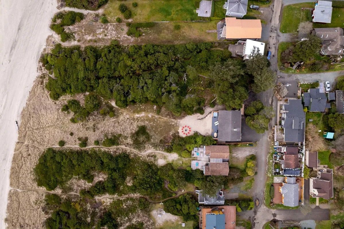 A wide, scenic view of the beach bordered by a line of trees and scattered residential houses. Footpaths wind through the sand, offering ample space for walking, beachcombing, and outdoor exploration.